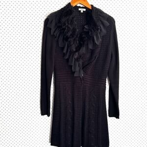 Vintage Cache Duster Sweater M Black Ruffle Fur Cardigan Fairy Goth Shawl Collar